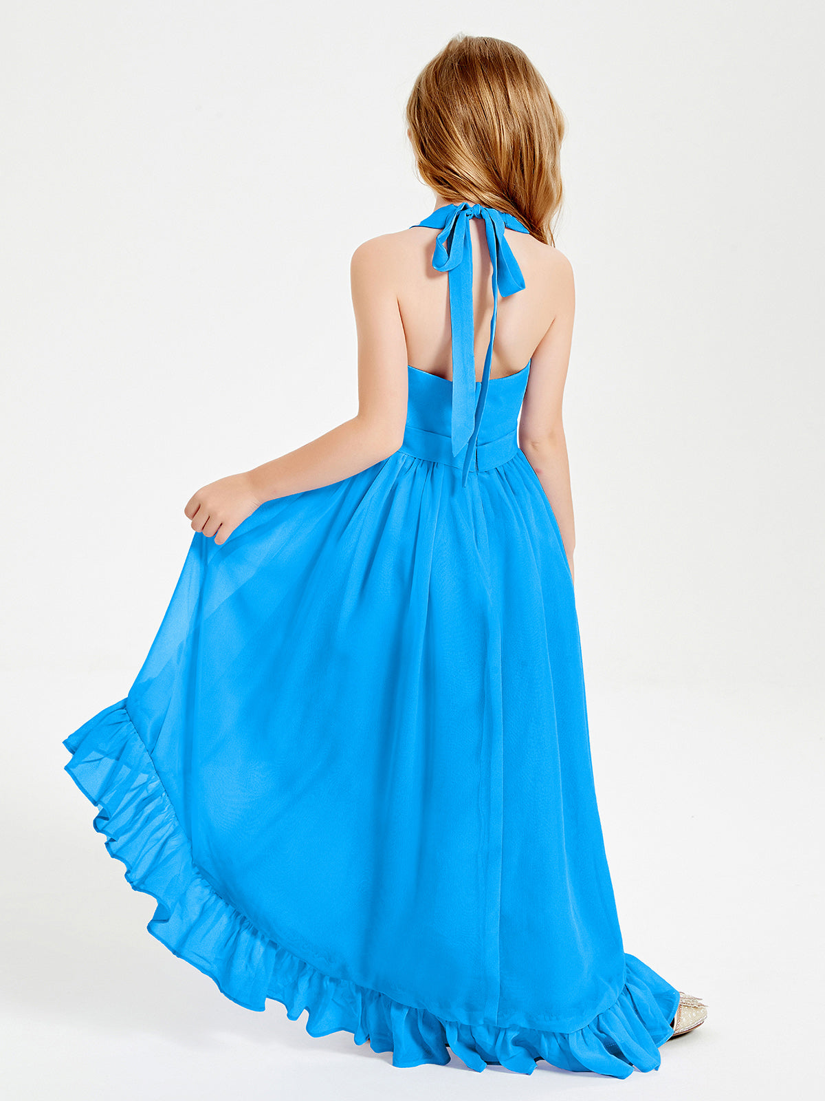 Trendy Boho Junior Bridesmaid Dresses Asymmetrical Cascading Skirt Ocean Blue
